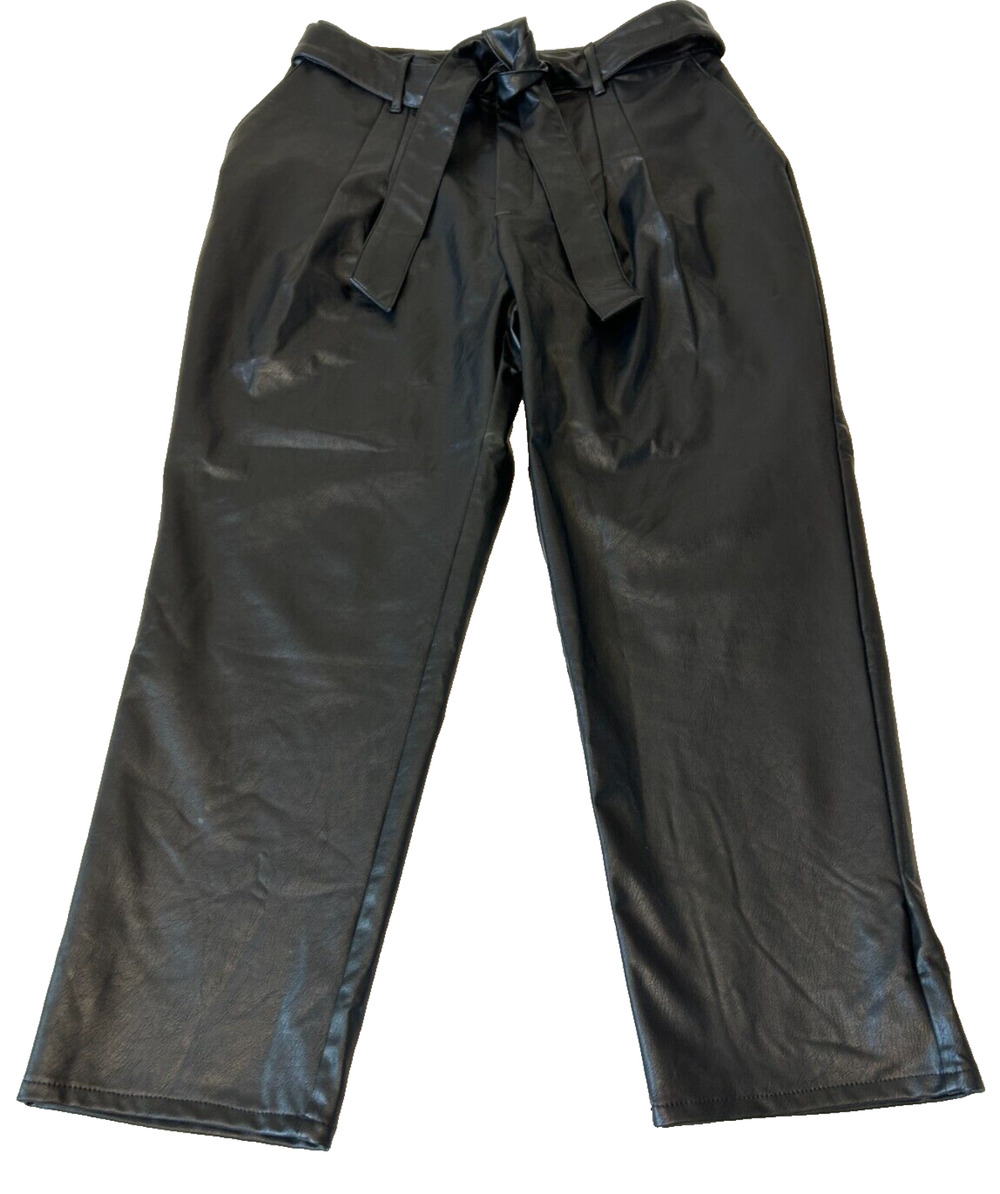 Express Women Faux Leather Pant Sz M Black High Waisted Belted Pleated Retro NEW